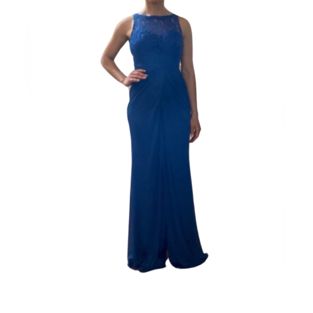 David's Bridal Blue Halter Maxi Gown with Slit (Horizon color)
